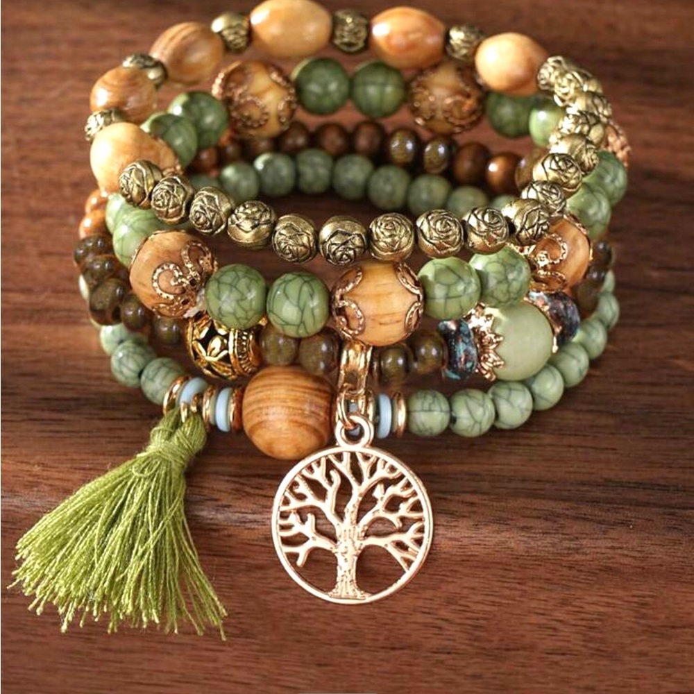 Womens bohemian Green and Gold Beaded Bracelet with Tree of life Charm. New